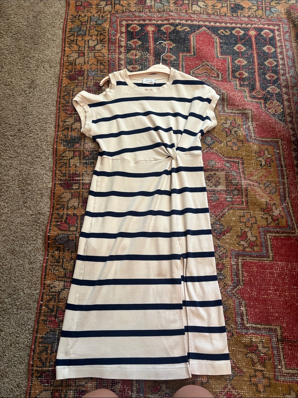 Tanya Taylor Striped Cream and Navy Short-Sleeve Knit Dress